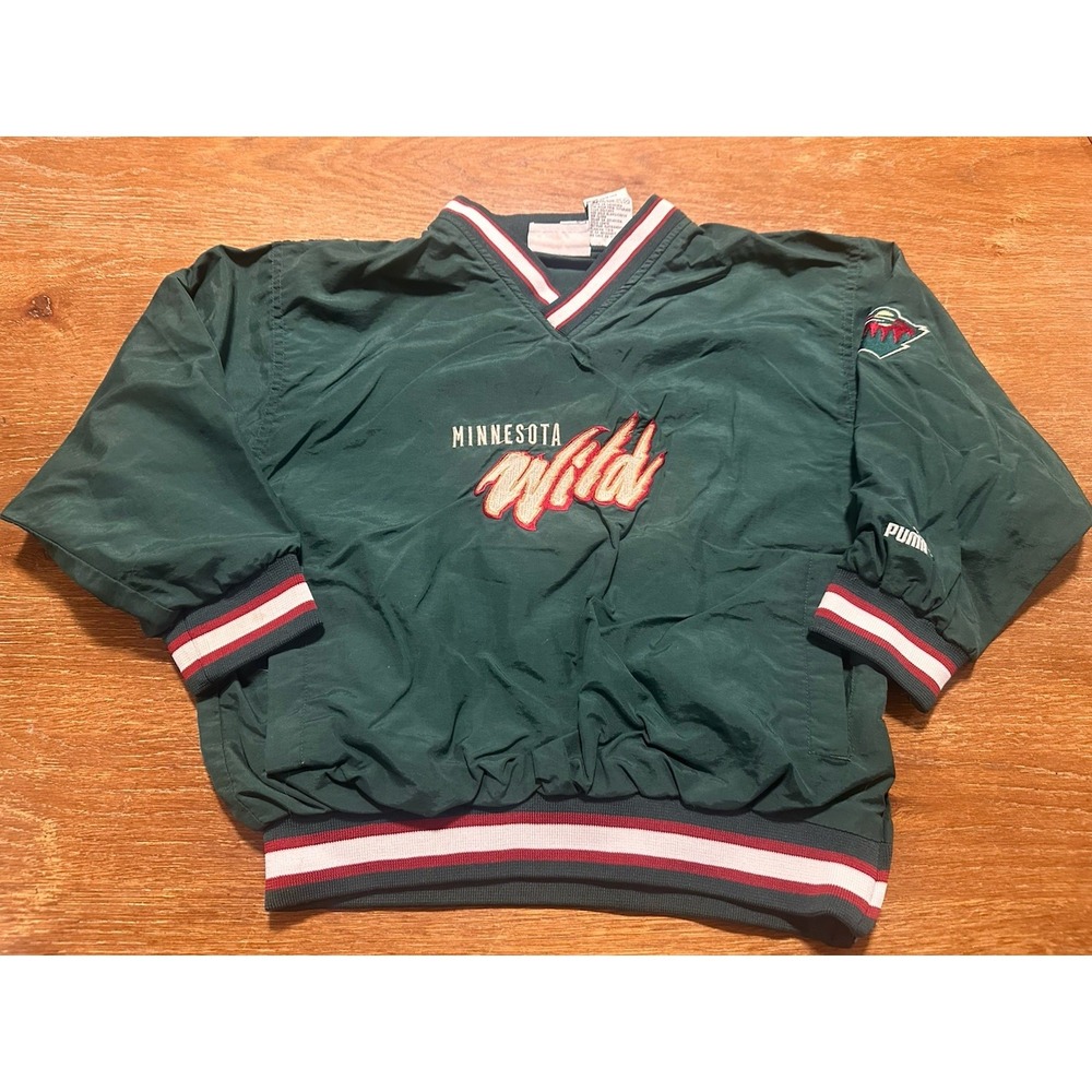 Vintage MINNESOTA WILD Puma Youth Pullover Size Small 8 Green Windbreaker NHL